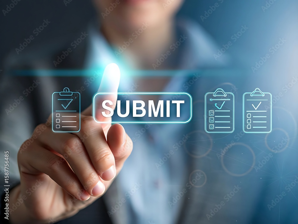 Woman pressing submit button on virtual screen with checklist icons online form