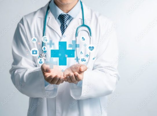 Male medicine doctor hold healthcare medical icons for the Health insurance concept in hospital background